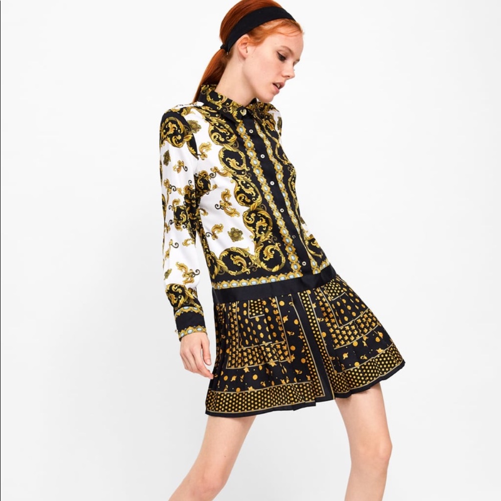 Zara printed pleated dress baroque print gold